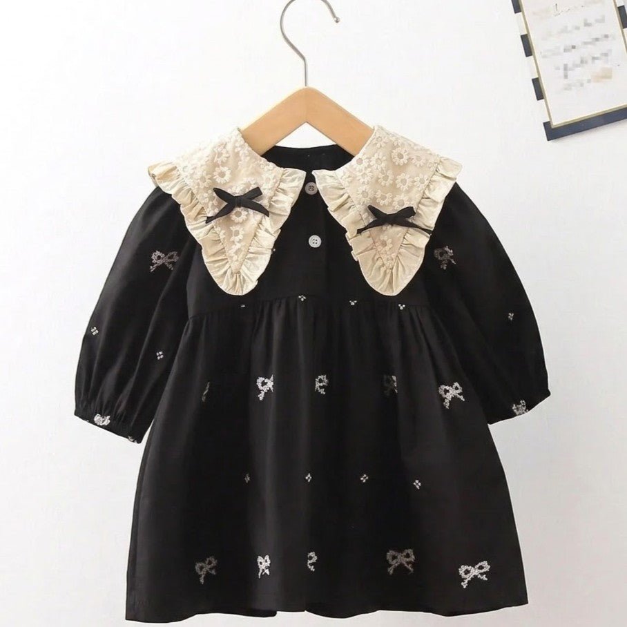 Black Embroidered Party Dress with Lace Collar