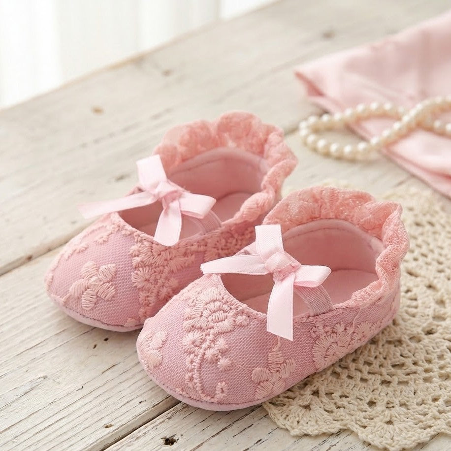 Pastel Pink Floral Lace Ruffle Ballet Booties