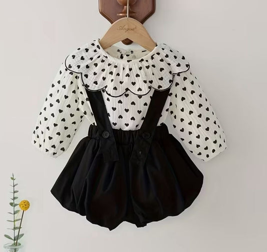 Baby Girl Heart Print Suspender Romper Set