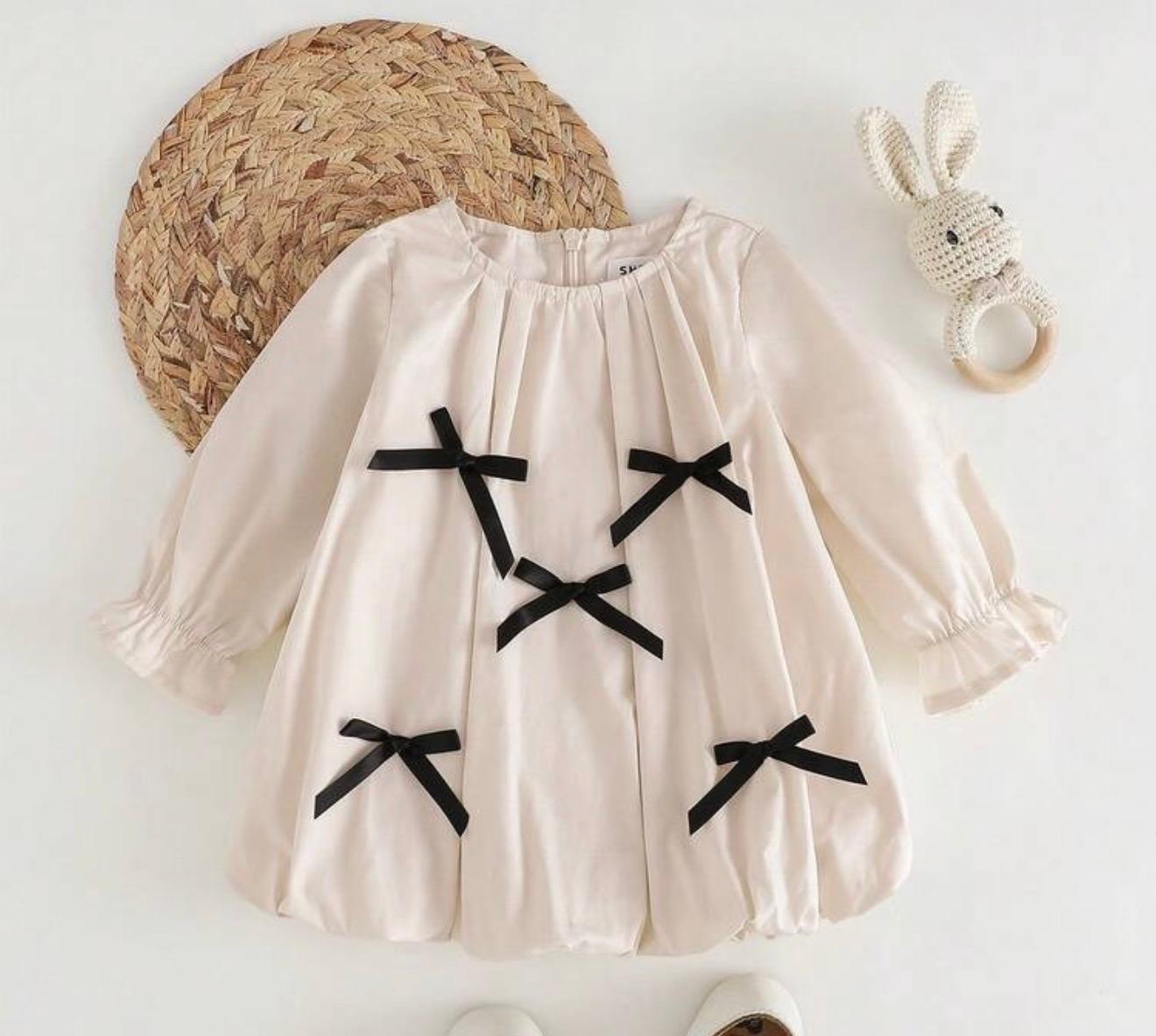 Ivory Long Sleeve Baby Girl Romper with Bow Details