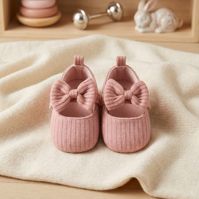 Dusty Rose Ribbed Knit Bow Mary Janes