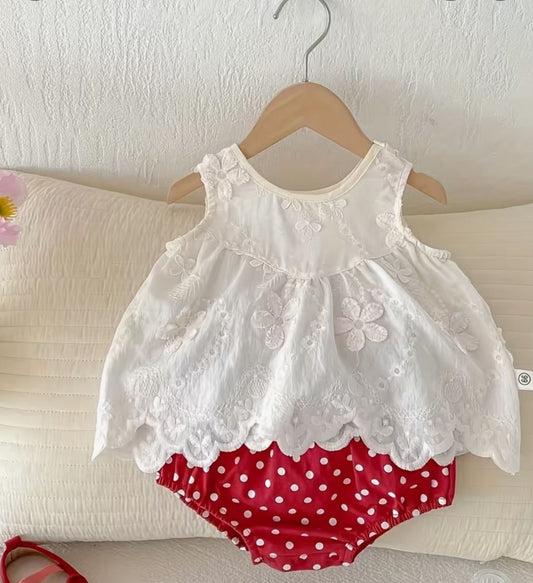 Off White Embroidered Top with Red Polka Dot Bloomers Set