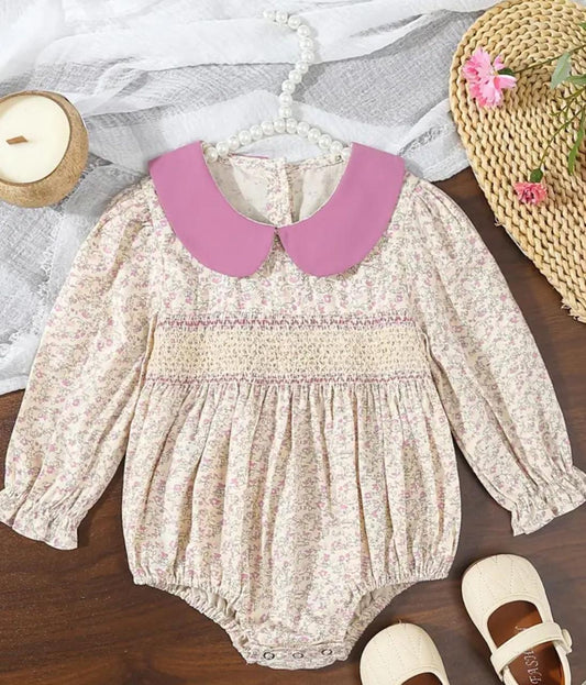 Floral Long Sleeve Baby Girl Romper with Peter Pan Collar