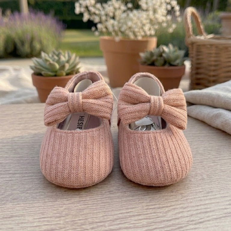 Soft Blush Ribbed Knit Bow Ballet Booties
