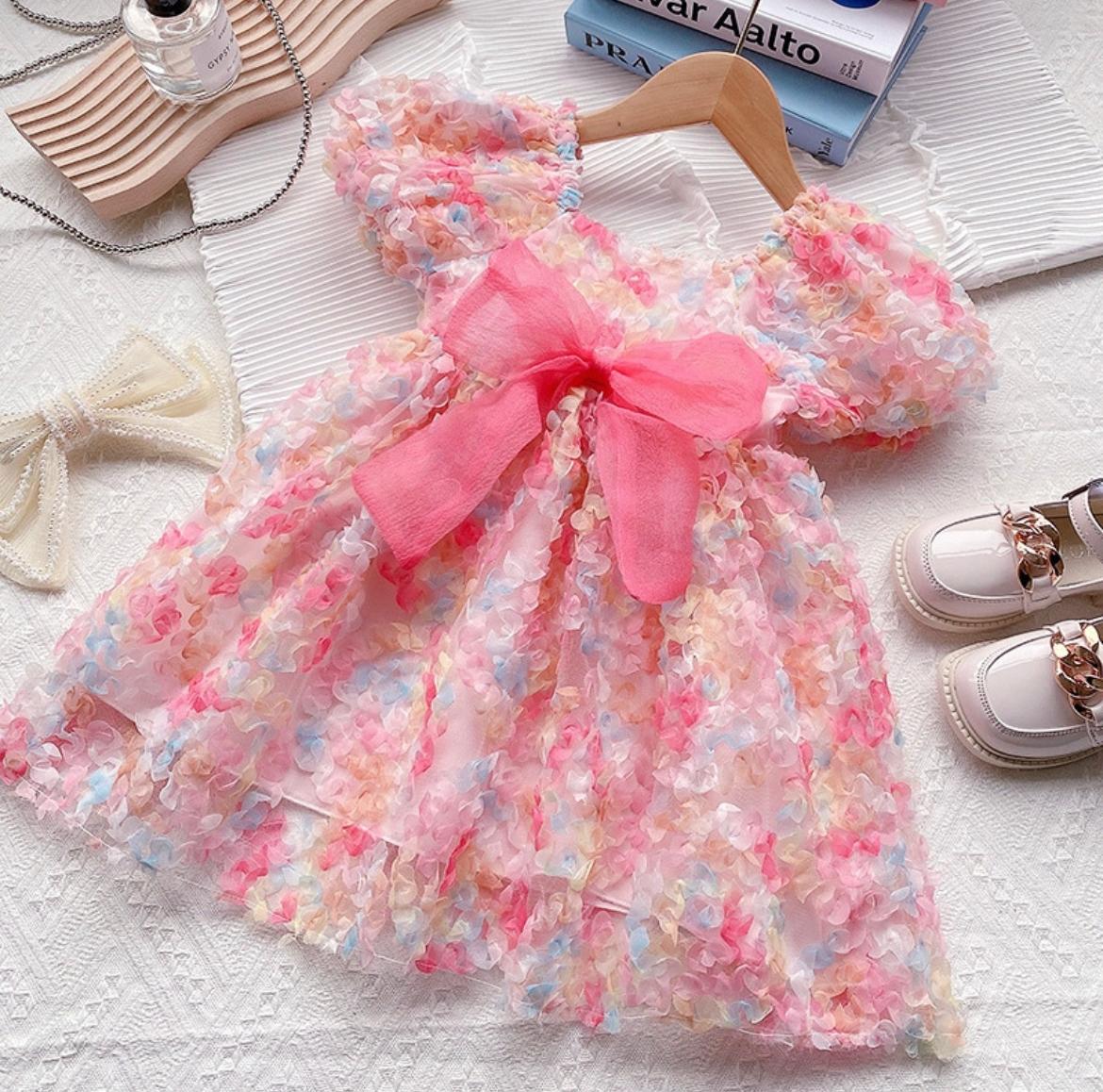 Floral Party Dress for Baby Girls – Pink Bow