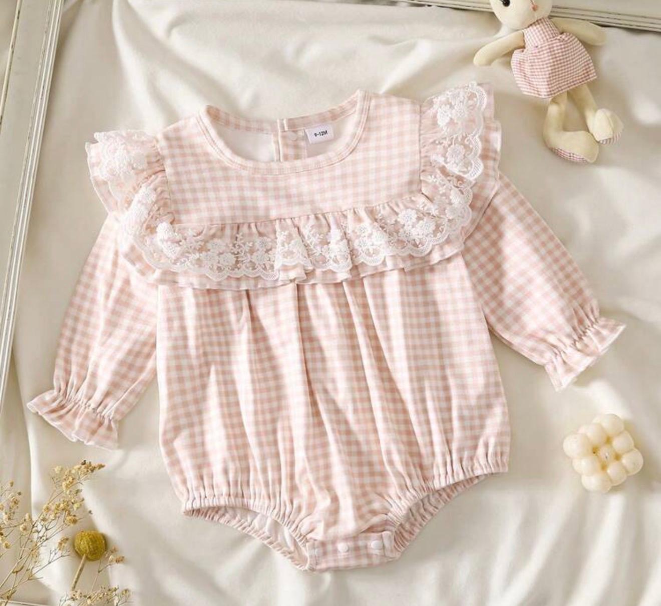 Blush Pink Checked Romper Dress for Baby Girls with Lace Ruffle Collar