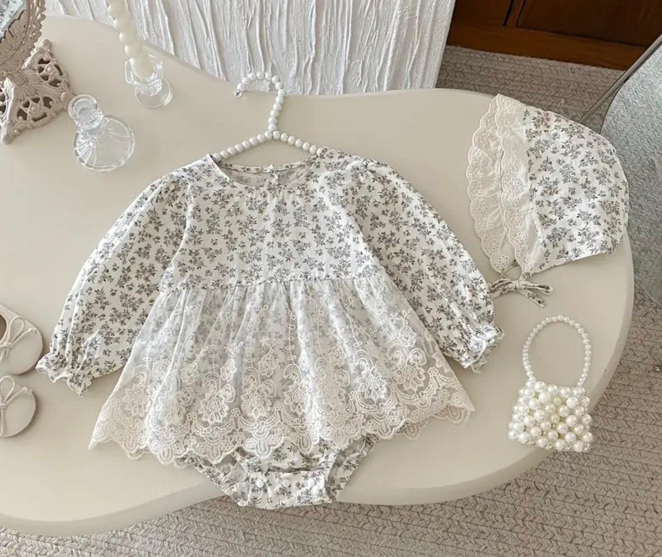 Ivory Floral Lace Romper Dress for Baby Girls with Matching Bonnet
