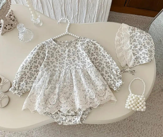 Ivory Floral Lace Romper Dress for Baby Girls with Matching Bonnet