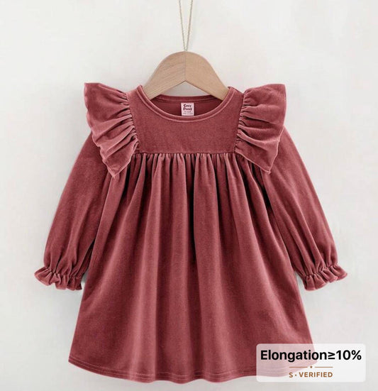 Dusty Pink Velvet Party Dress for Baby Girls with Ruffle Sleeves