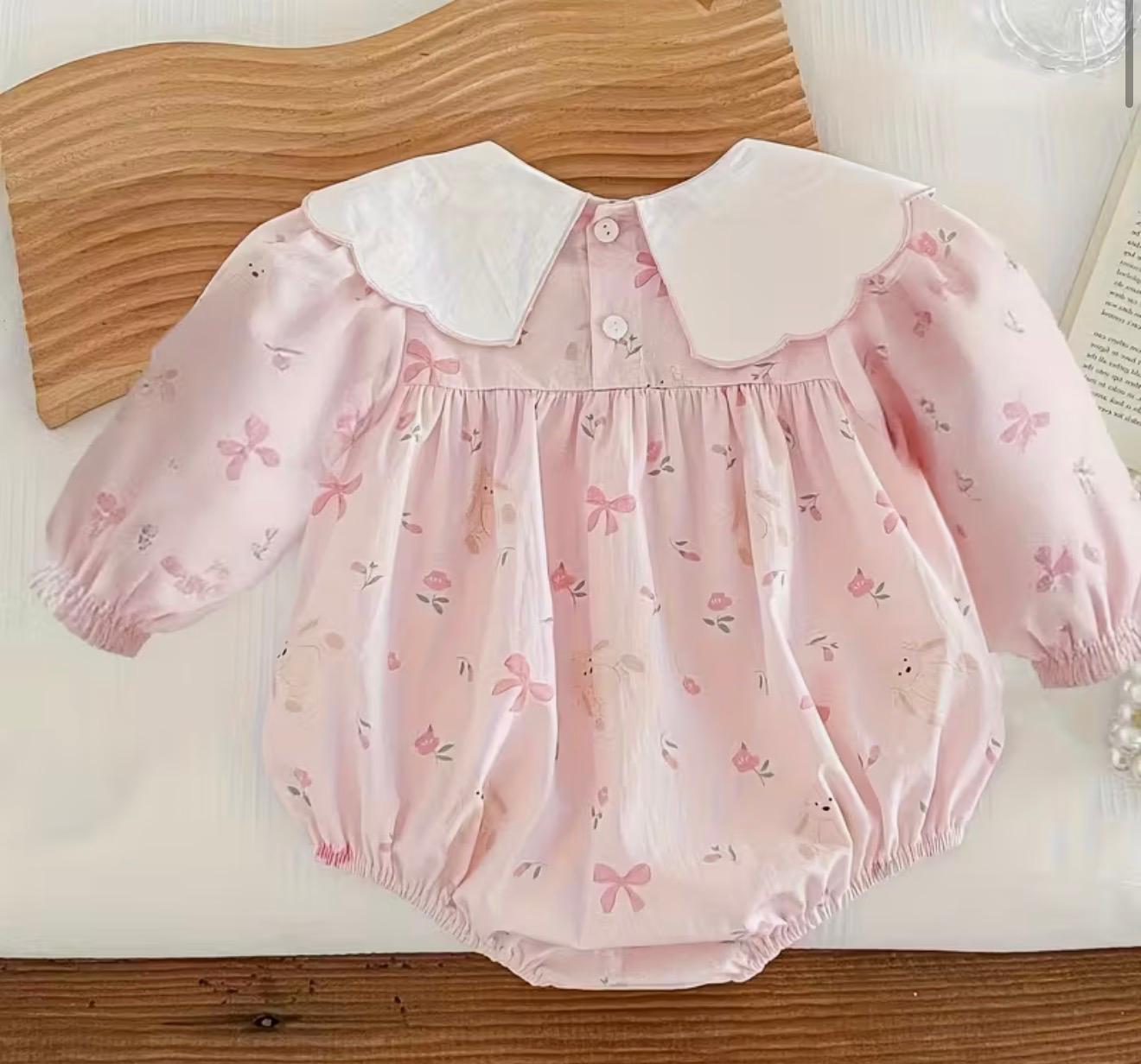 Baby Girl Pink Printed Romper Dress with Bow Collar