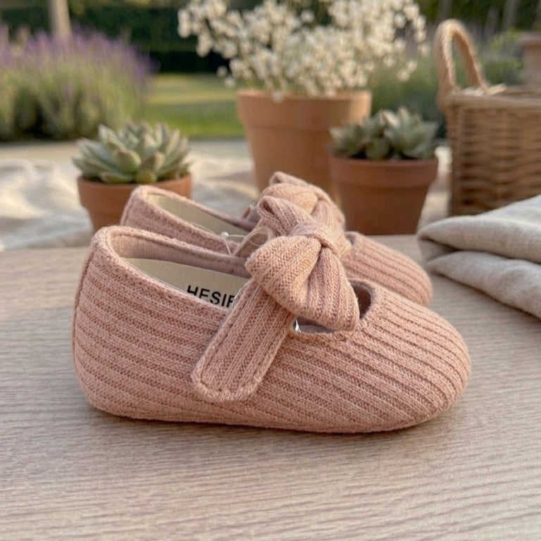 Soft Blush Ribbed Knit Bow Ballet Booties