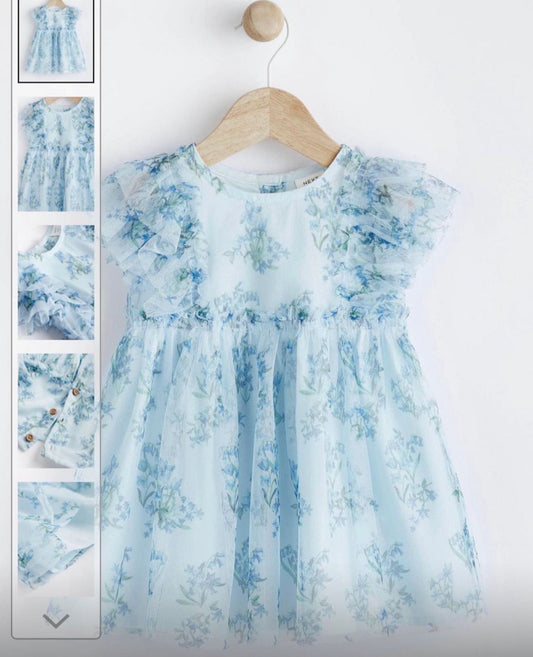 Blue Floral Chiffon Dress for Baby Girls