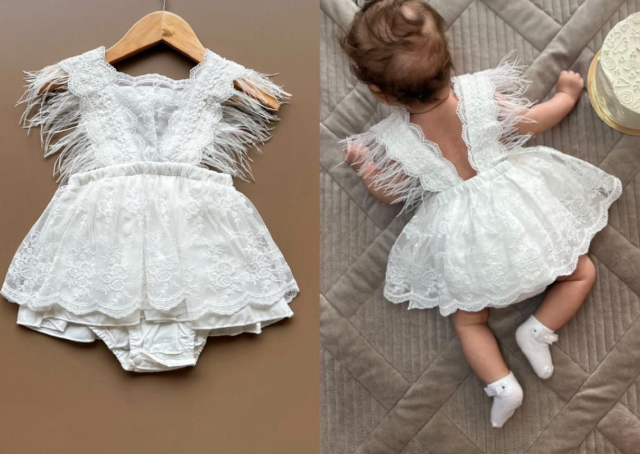 White Lace Baby Party Dress with Tulle Sleeves | Premium Baby Girl Occasion Wear