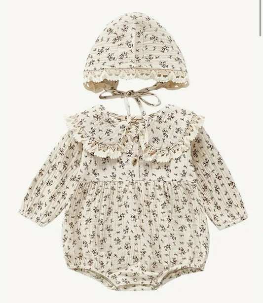 Floral Baby Romper with Lace Collar & Bonnet | Premium Baby Girl Partywear