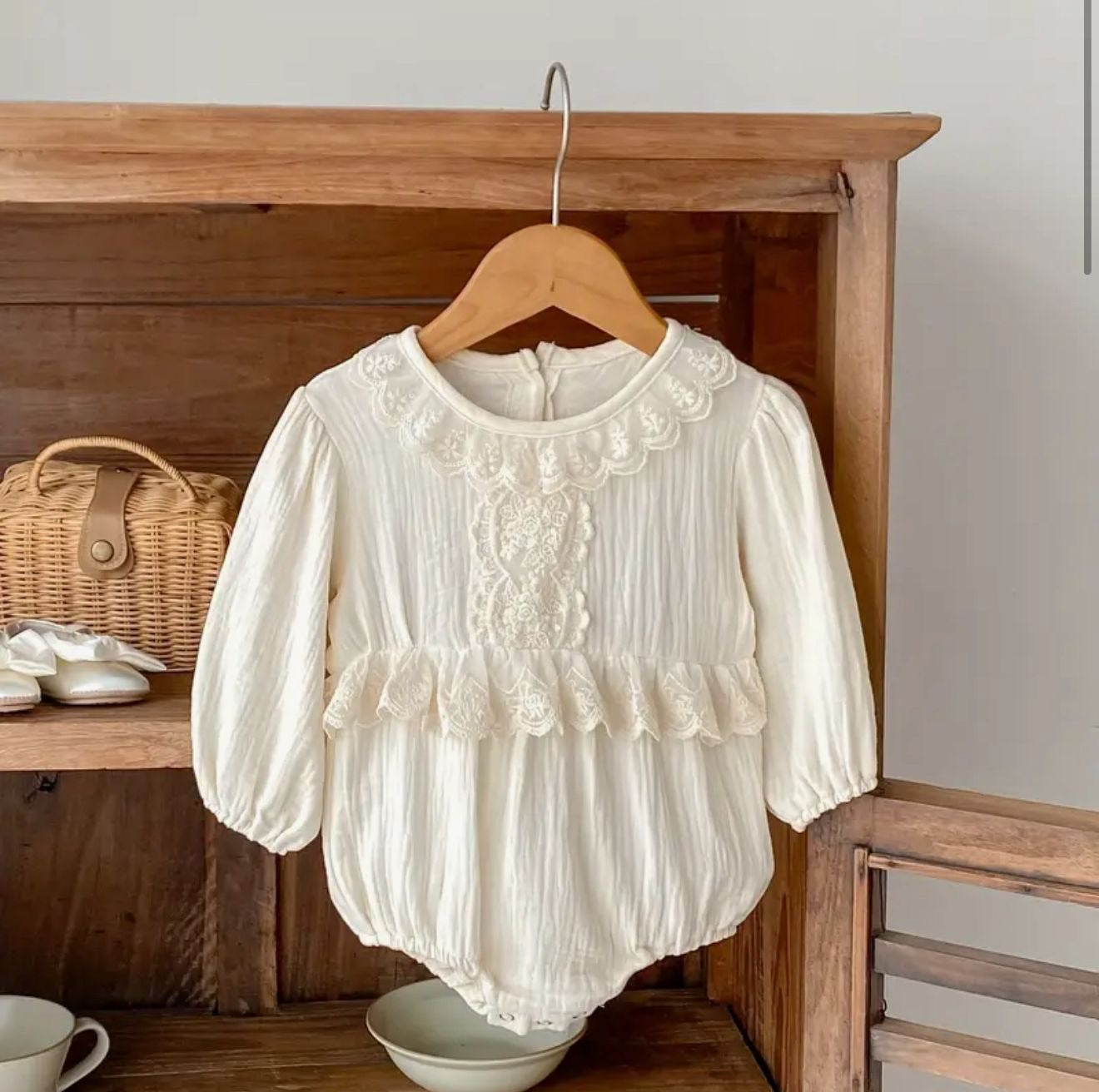 Ivory Lace Trim Baby Romper with Puff Sleeves | Premium Baby Girl Occasion Wear