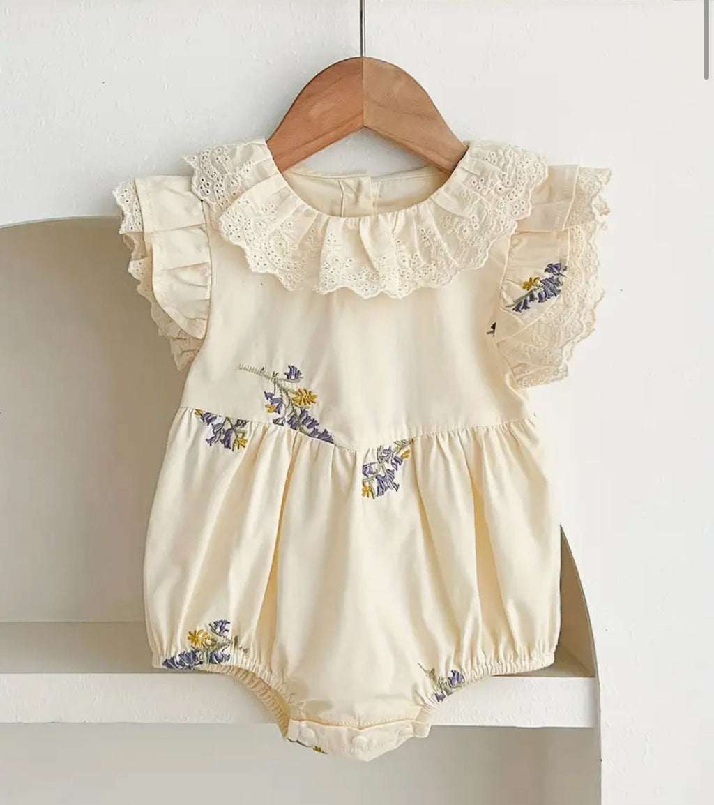 Ivory Floral Baby Romper with Lace Collar | Premium Baby Girl Partywear