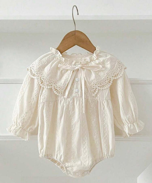 Ivory Lace Collar Baby Romper with Bow | Premium Baby Girl Partywear