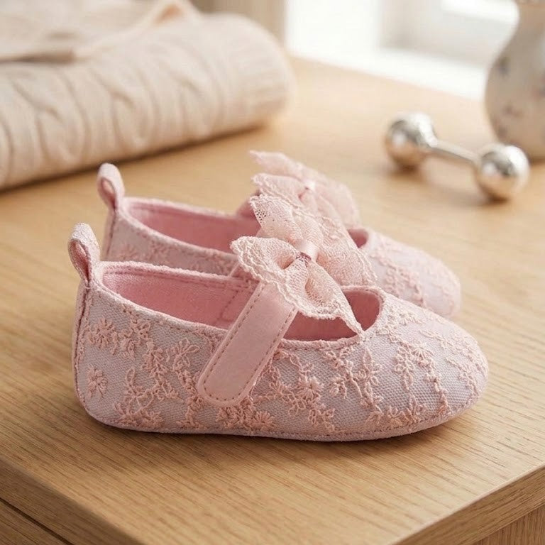 Blush Floral Lace & Tulle Bow Flats