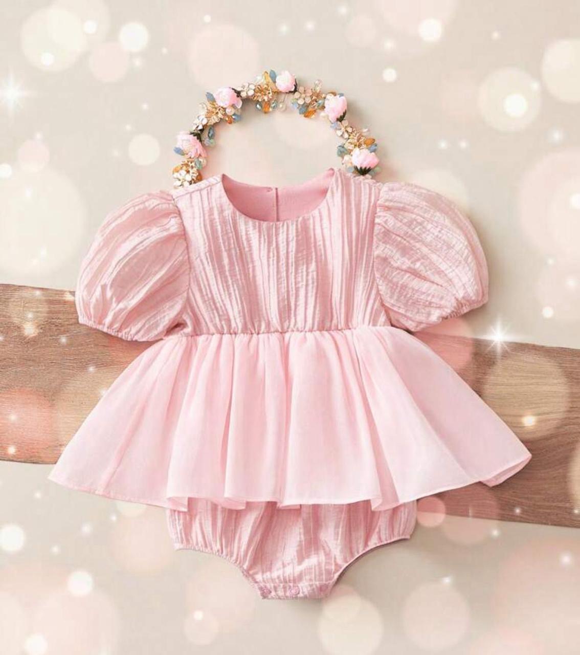 Pink Baby Girl Puff Sleeve Tulle Party Romper