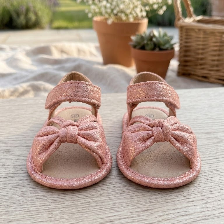 Shimmering Rose Pink Strappy Bow Sandals