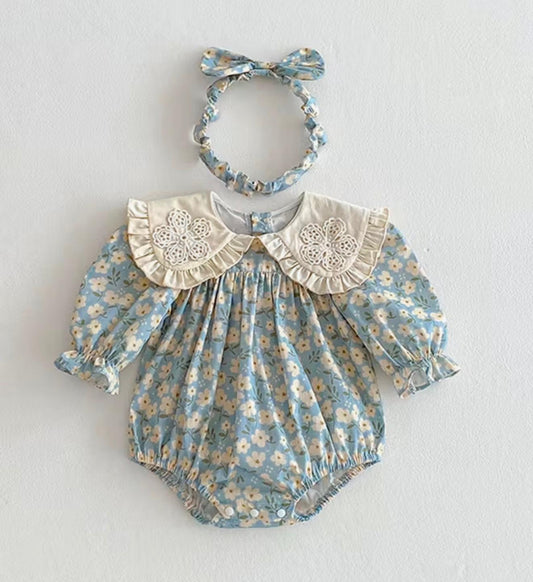 Blue Floral Romper Dress for Baby Girls with Lace Collar & Matching Headband