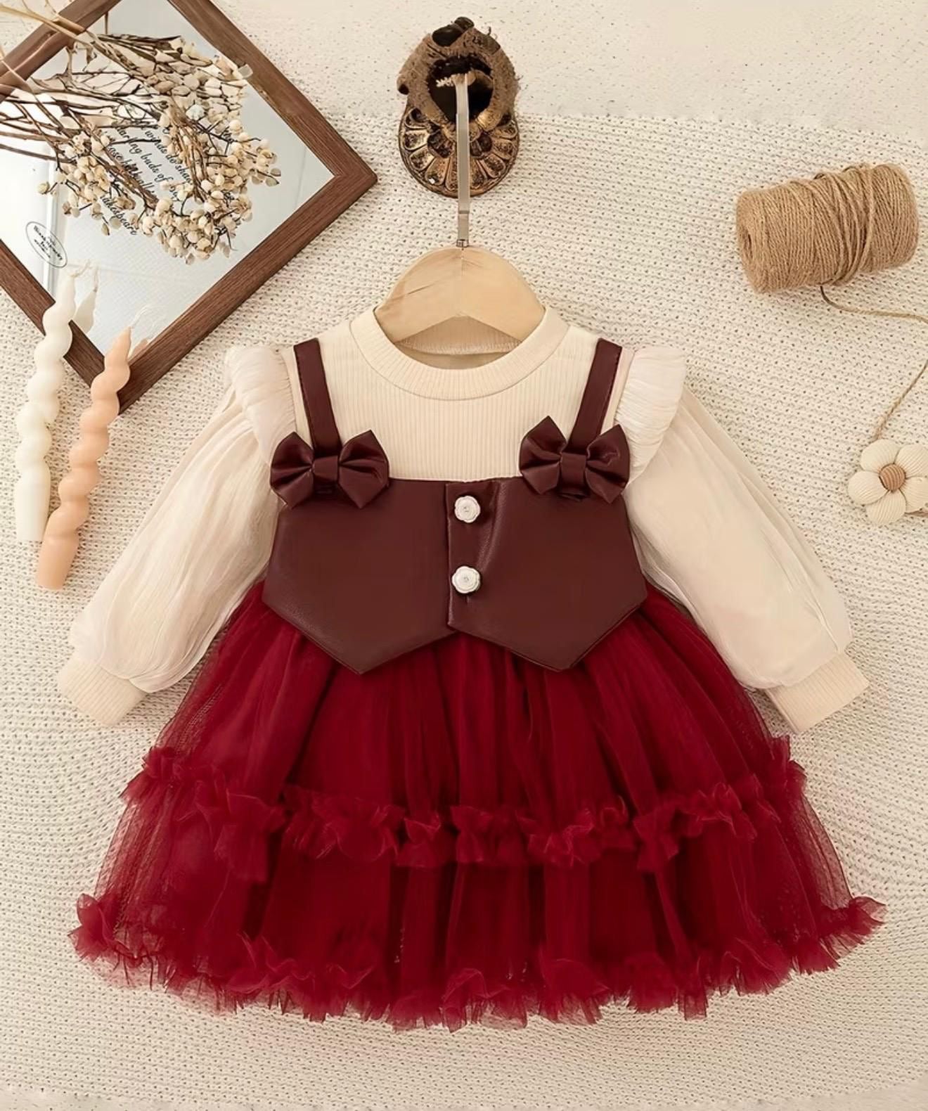 Girls Burgundy Tulle Party Dress with Bows