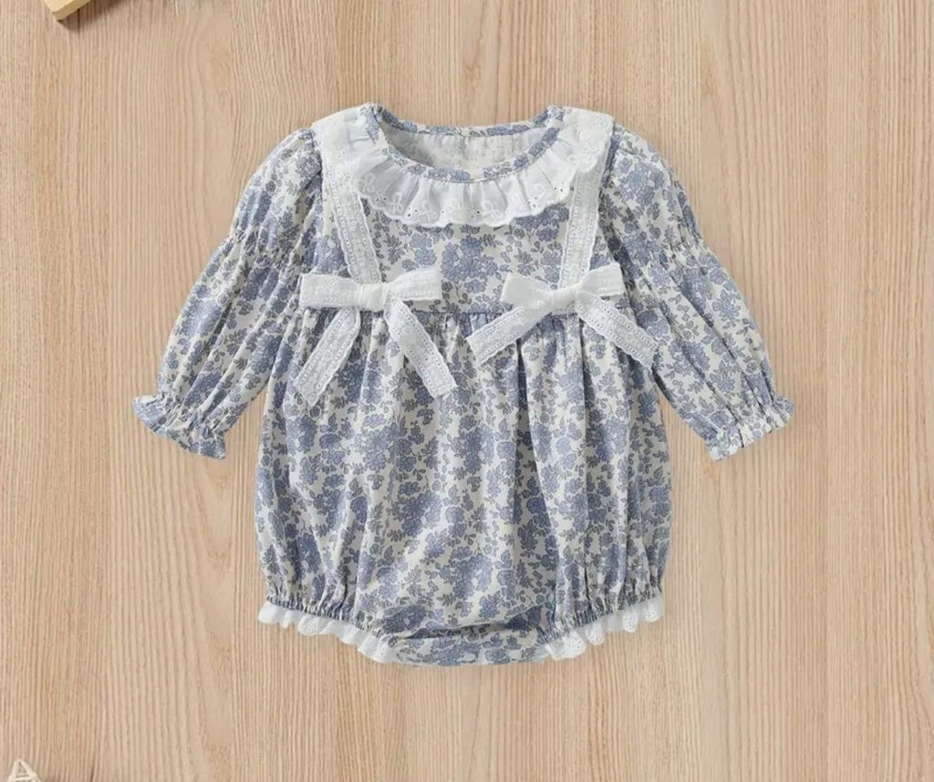 Blue Floral Baby Romper with Bow Detail | Premium Baby Girl Partywear
