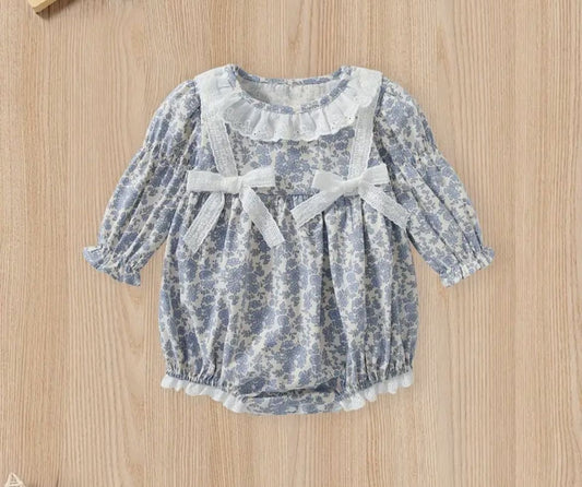 Blue Floral Baby Romper with Bow Detail | Premium Baby Girl Partywear