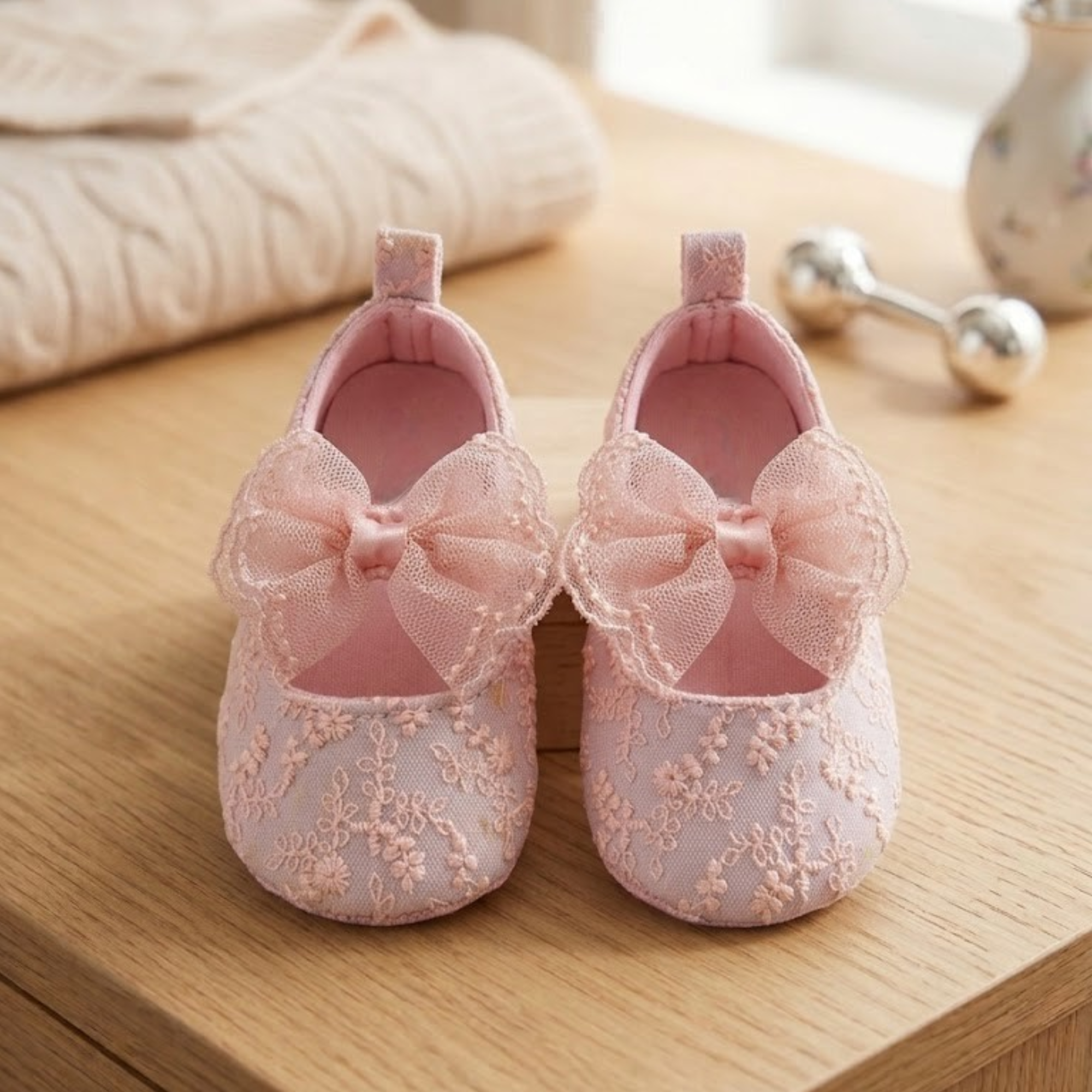 Blush Floral Lace & Tulle Bow Flats