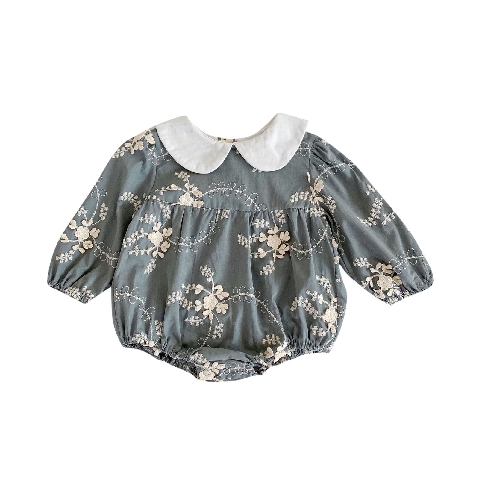 Floral Embroidered Baby Girl Romper with Peter Pan Collar