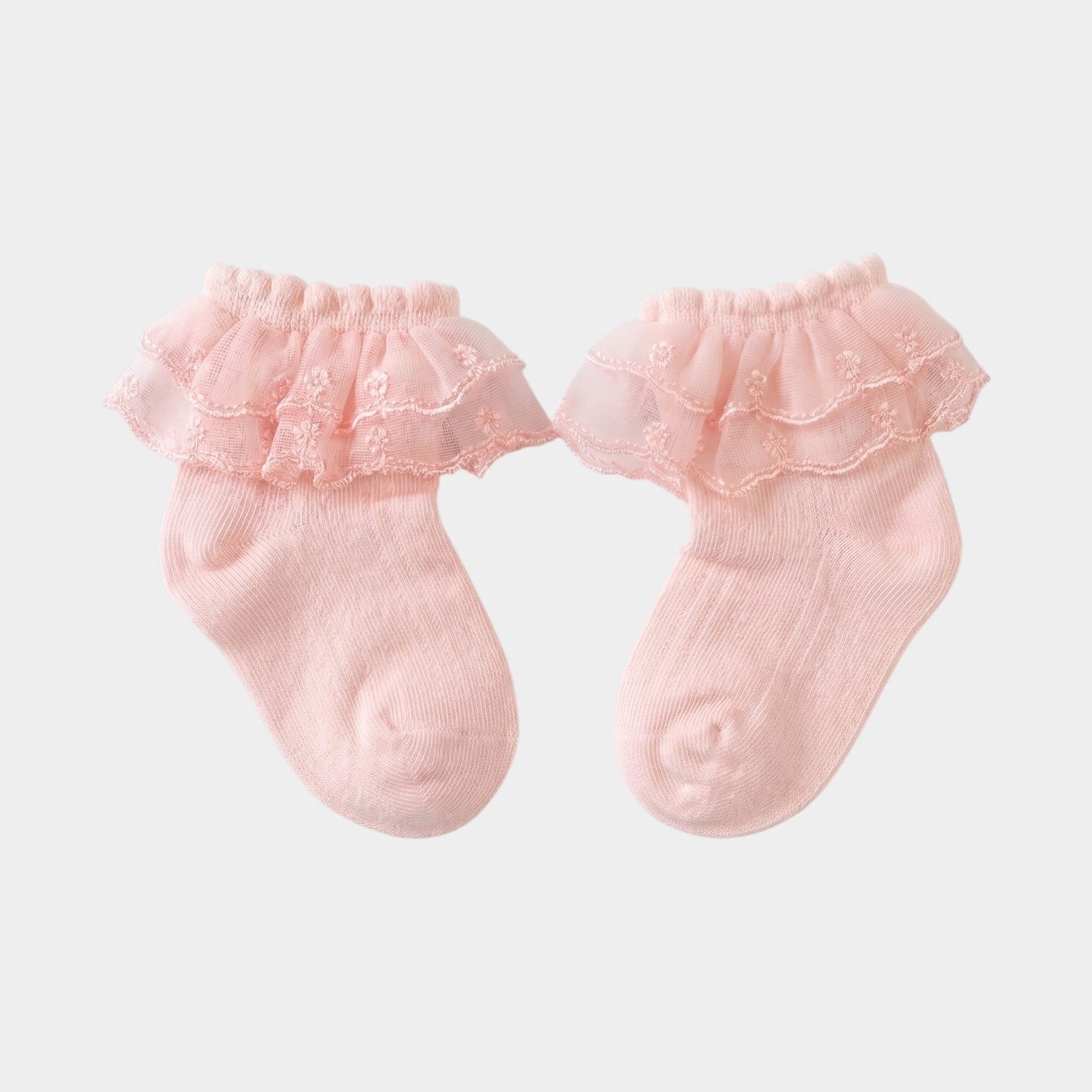 Blush Pink Embroidered Tulle Ruffle Ankle Socks