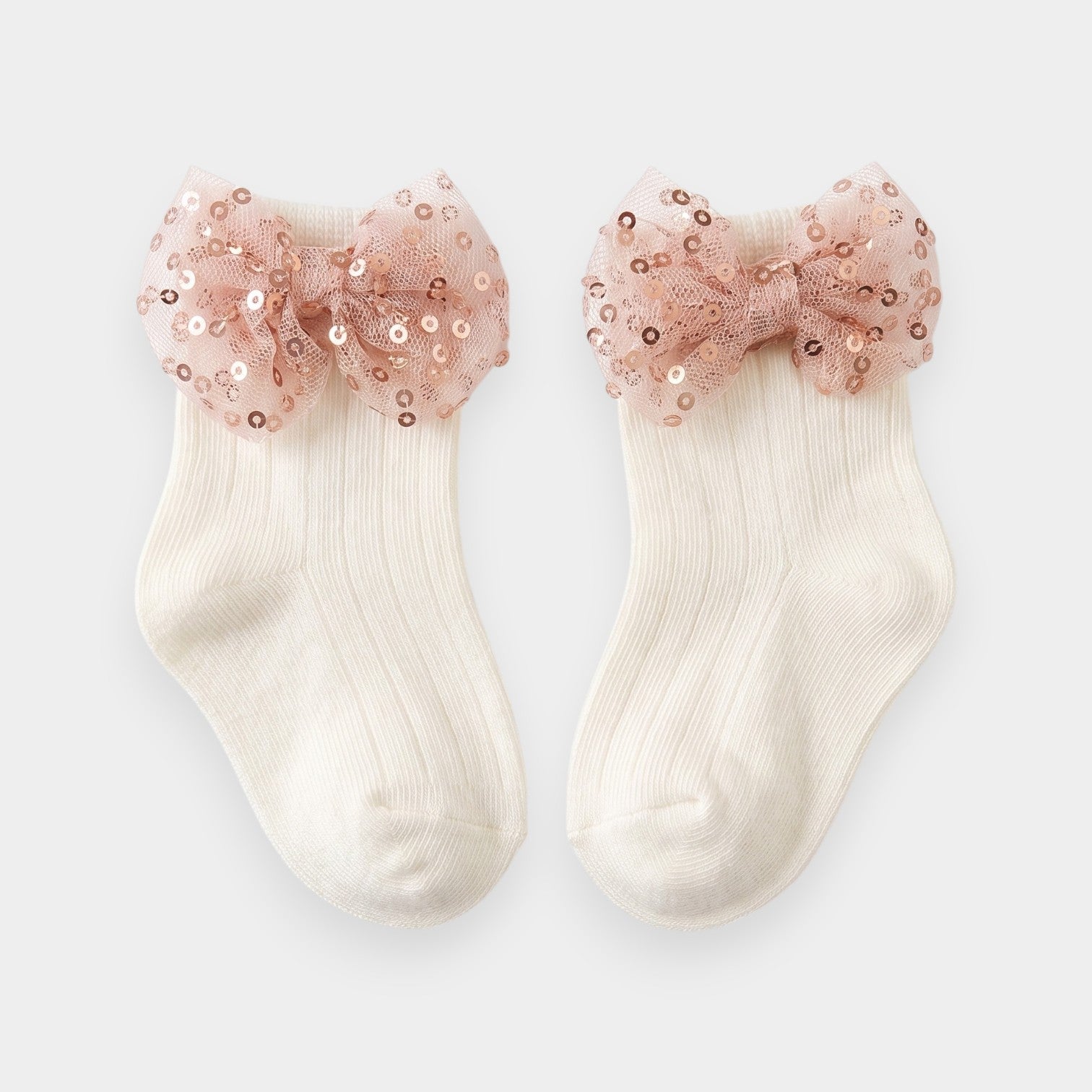 Ivory & Rose Gold Sequin Tulle Bow Ankle Socks