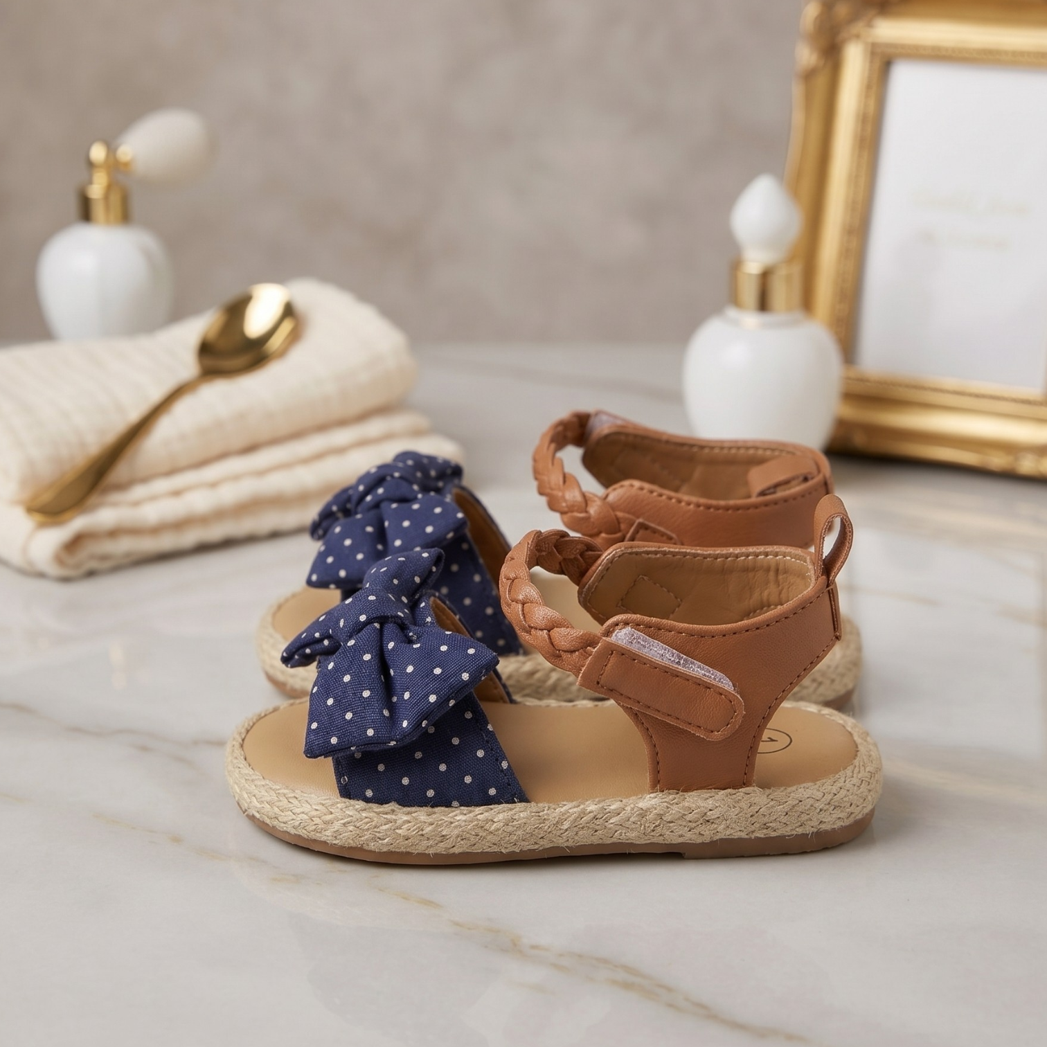 Navy Polka Dot Bow Espadrille Sandals