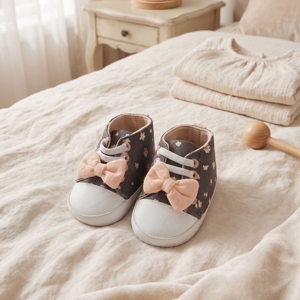Charcoal Floral & Peach Bow Baby Sneakers