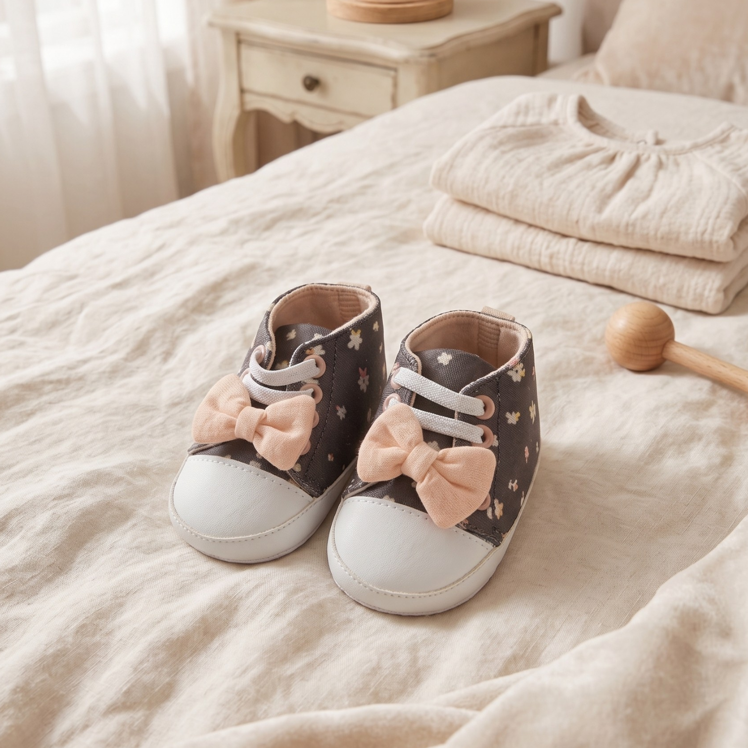 Charcoal Floral & Peach Bow Baby Sneakers