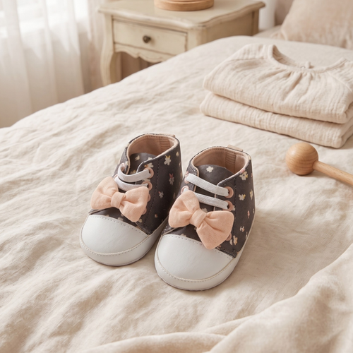 Charcoal Floral & Peach Bow Baby Sneakers