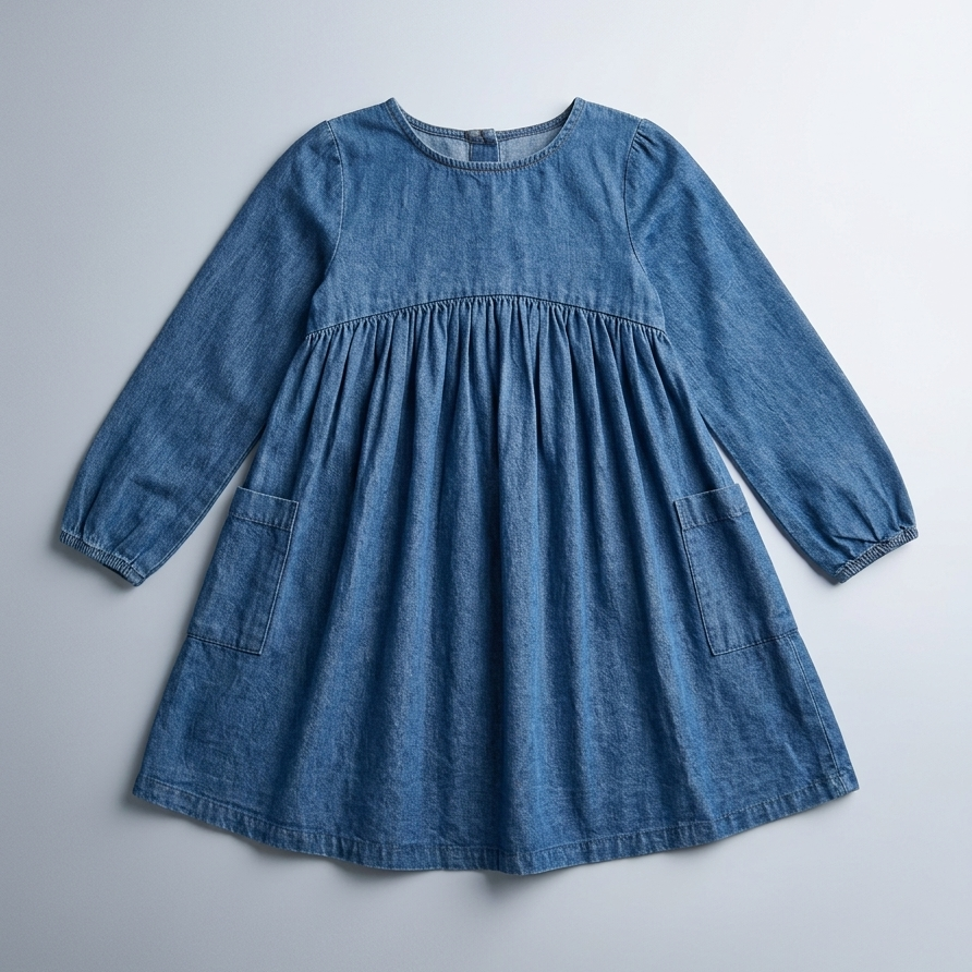Blue denim dress on a light gray background