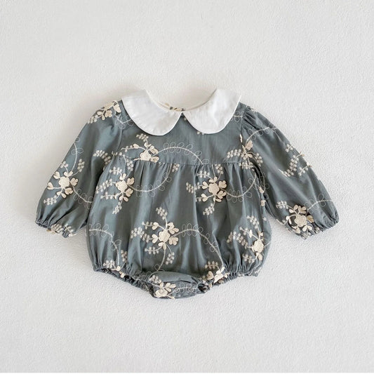Floral Embroidered Baby Girl Romper with Peter Pan Collar
