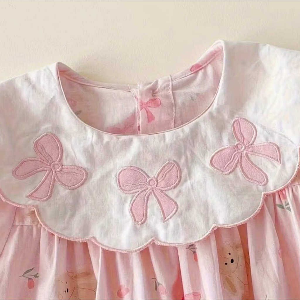 Baby Girl Pink Printed Romper Dress with Bow Collar