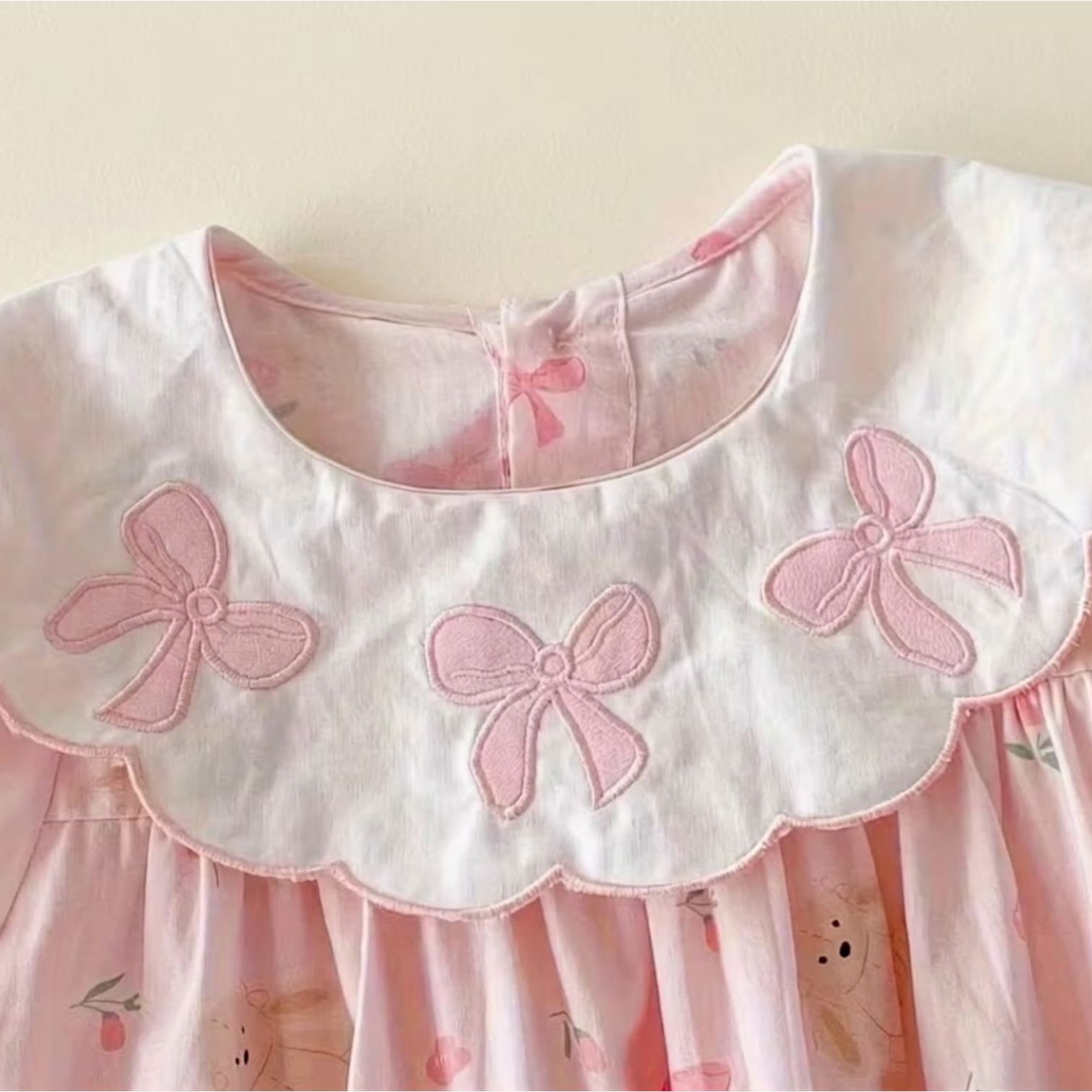 Baby Girl Pink Printed Romper Dress with Bow Collar