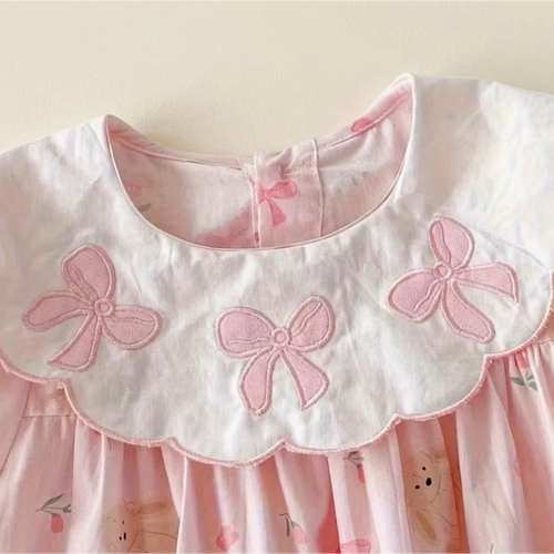 Baby Girl Pink Printed Romper Dress with Bow Collar