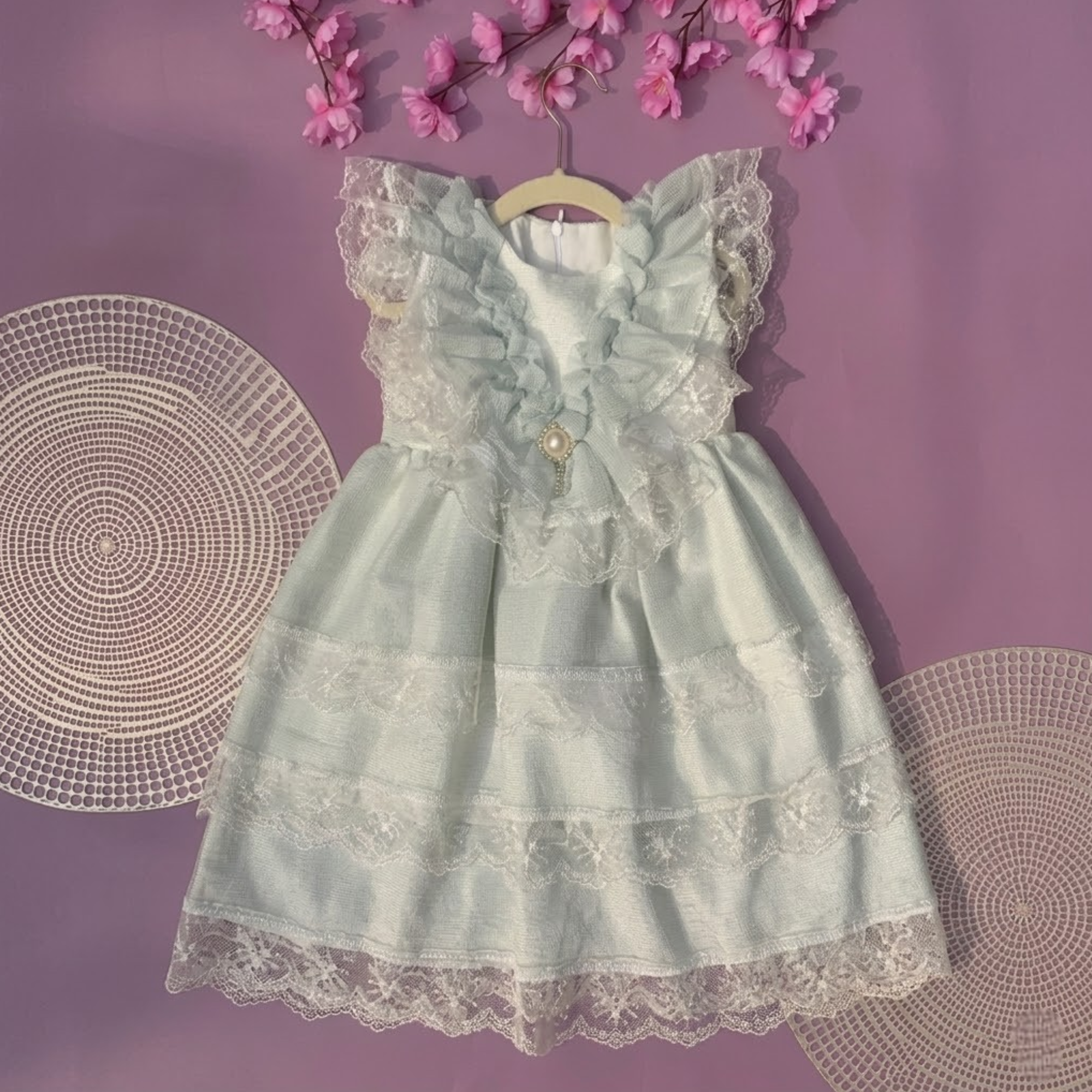 Icy Mint Pearl & Lace Tiered Party Dress