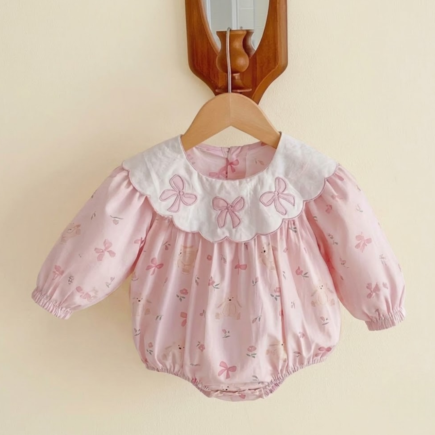 Baby Girl Pink Printed Romper Dress with Bow Collar