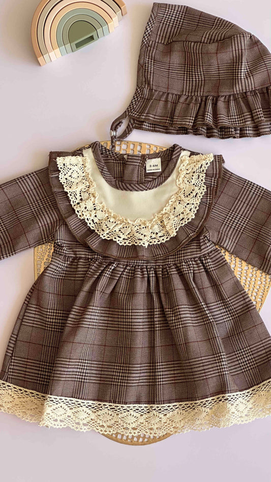 Vintage Plaid Lace Baby Girl Dress with Matching Ruffle Hat